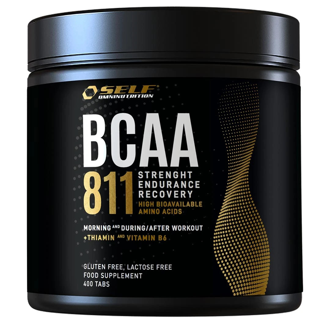 Self Omninutrition Essential BCAA 811 400 tabs mustassa purkissa, jossa on valkoisia ja kultaisia yksityiskohtia., kuva 1/1