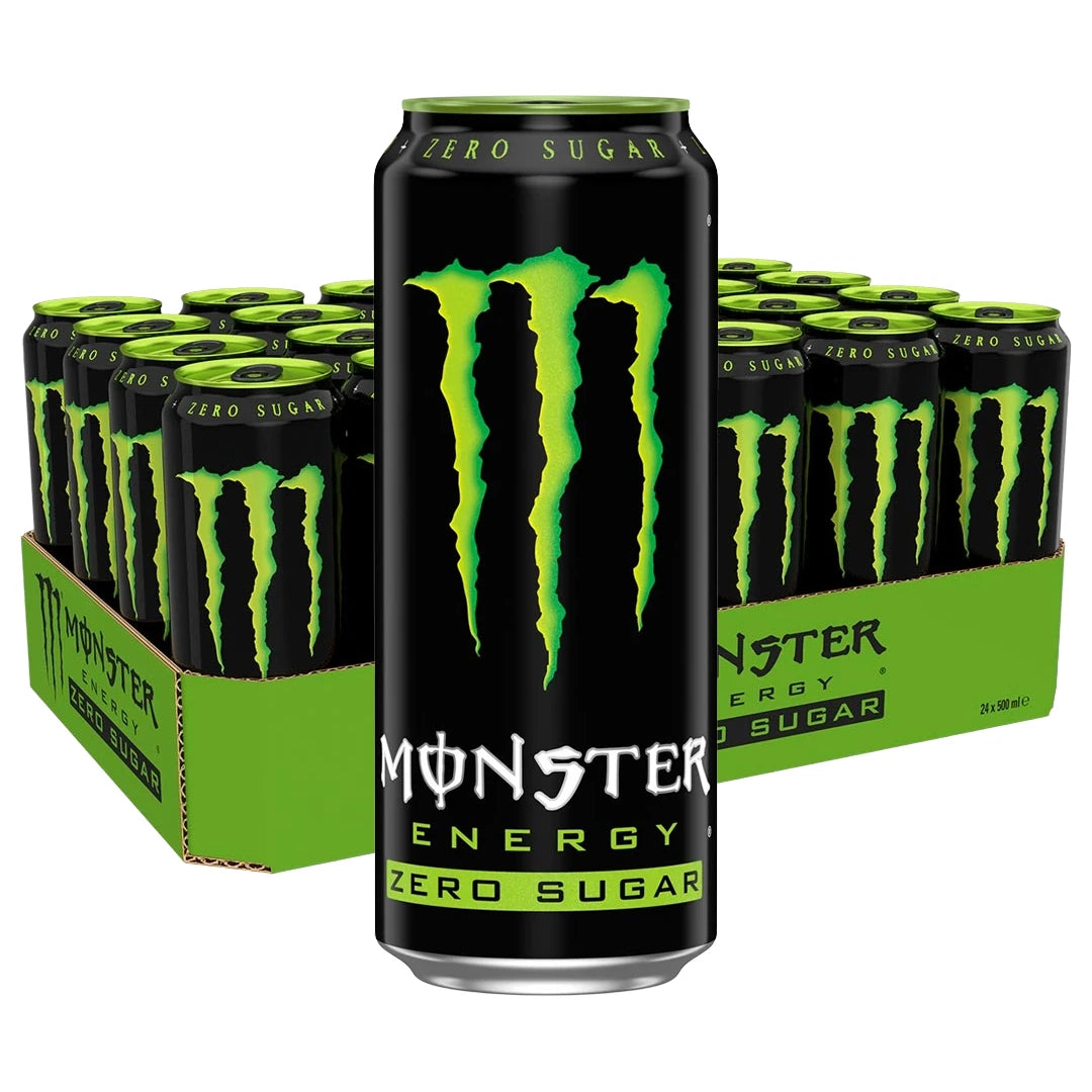 24 x Monster Energy 500 ml Green Zero Sugar -energiajuoma vihreässä lavassa, joka on täynnä mustia tölkkejä vihreällä logolla., kuva 1/1