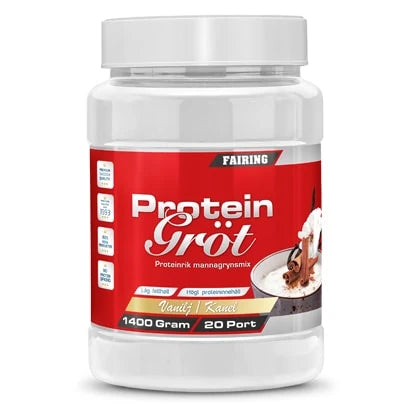 Fairing Proteingröt 1.4 kg, proteiinipitoinen mannaryynisekoitus valkoisessa muovipurkissa punaisella etiketillä, maku vanilja ja kaneli.