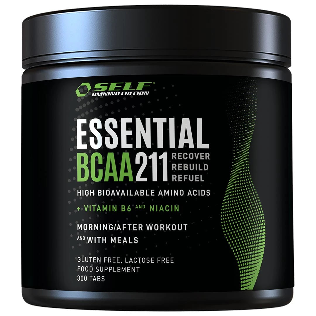 Self Omninutrition Essential BCAA 211 300 tabs -aminohapot mustassa purkissa, jossa on valkoisia ja vihreitä yksityiskohtia., kuva 1/1
