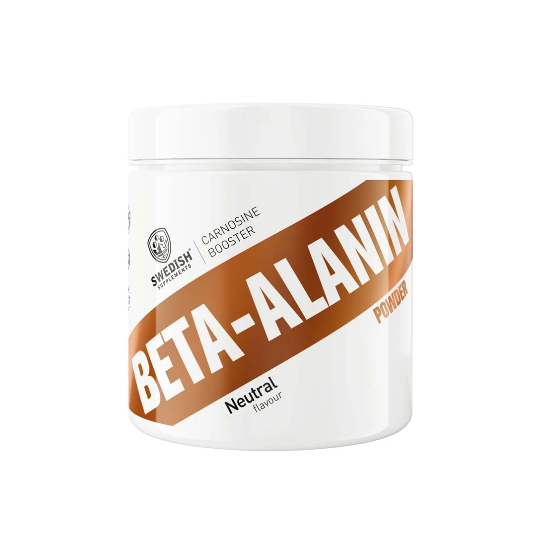 Swedish Supplements Beta-alanin 300 g -jauhe valkoisessa purkissa kuparisella vinoraidalla ja Neutral flavour -tekstillä., kuva 1/1