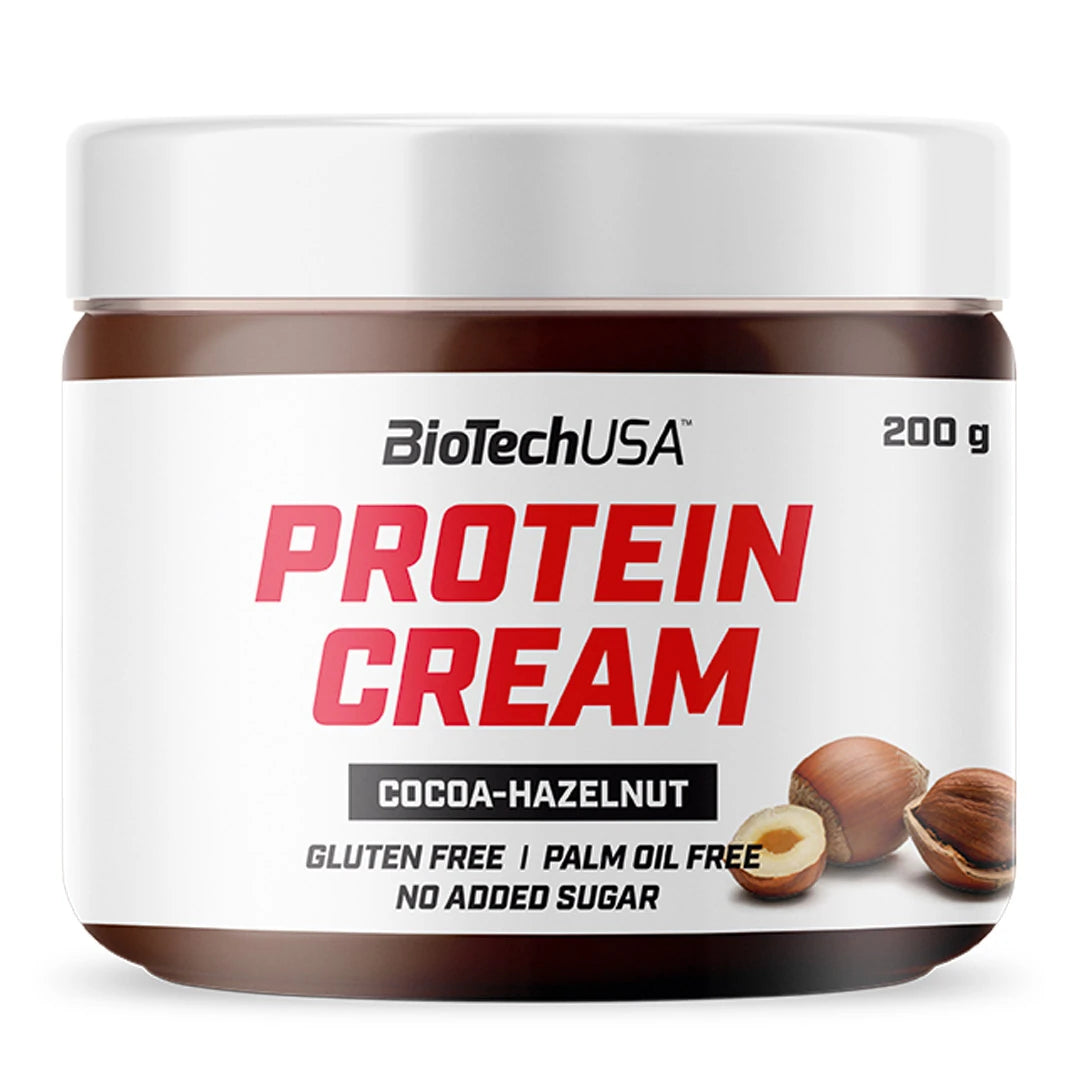Suklaan ja hasselpähkinän makuinen BioTechUSA Protein Cream 200 g läpinäkyvässä purkissa valkoisella etiketillä., kuva 1/1
