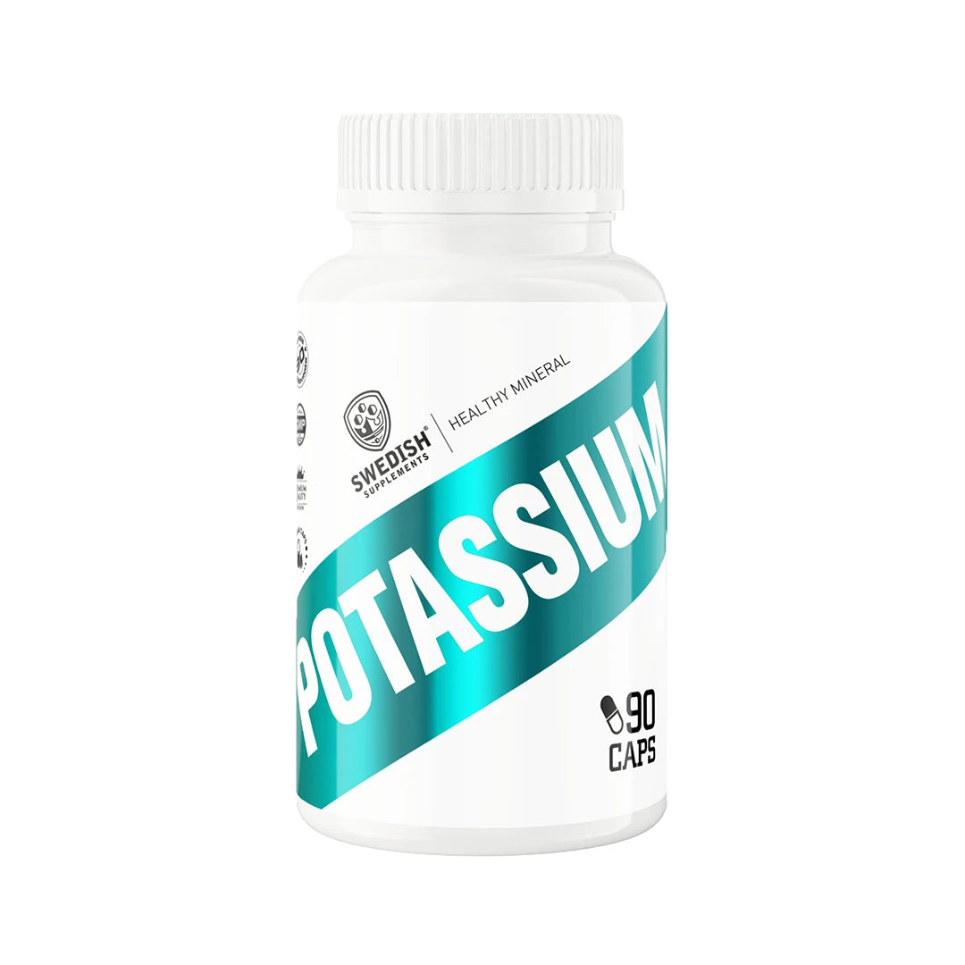 Swedish Supplements Potassium 90 caps i en vit burk med ett turkost band och tydlig text., bild 1 av 1