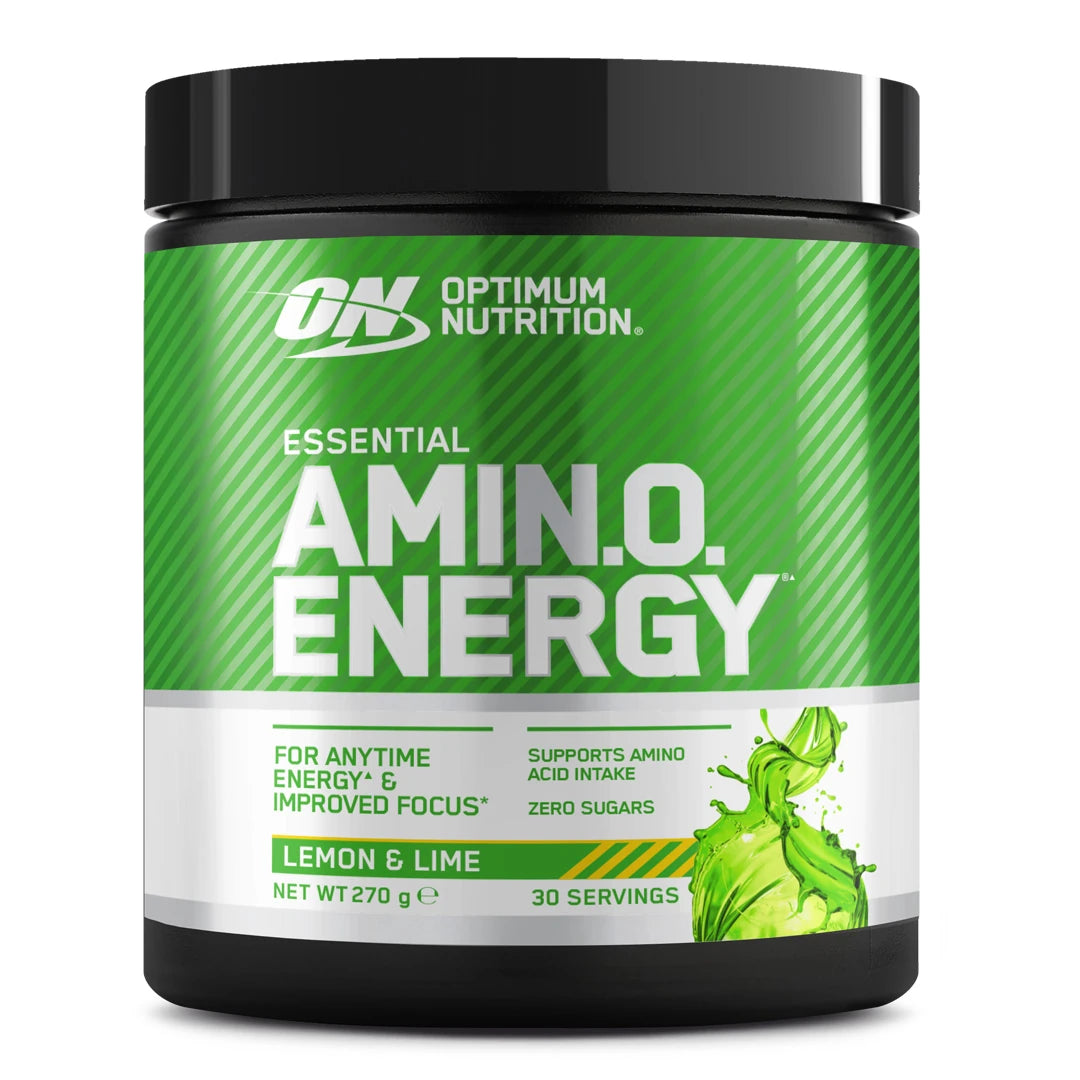 Optimum Nutrition Amino Energy 270 g -aminohappojauhe mustassa purkissa vihreällä etiketillä, makuna Lemon Lime.