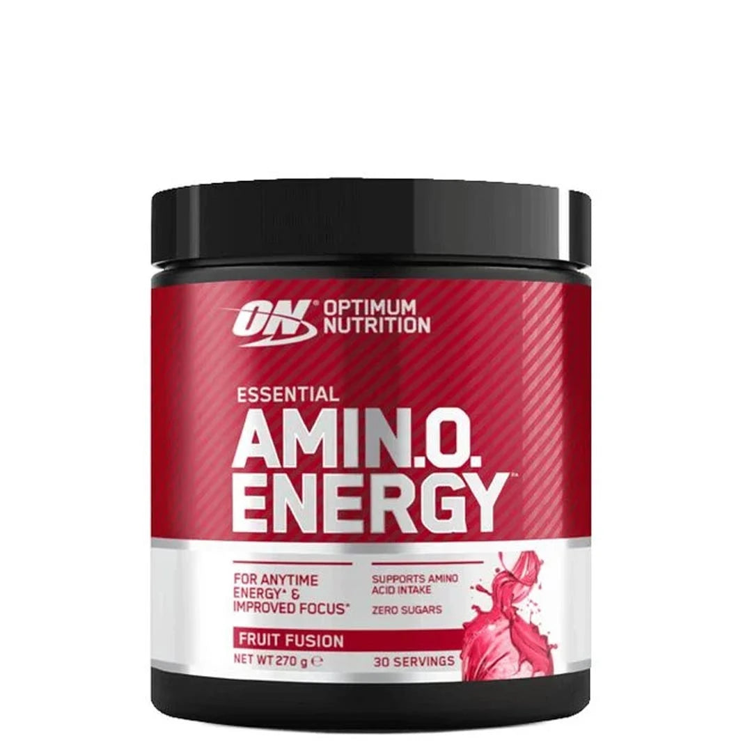 Optimum Nutrition Amino Energy 270 g -aminohappojauhe mustassa purkissa punaisella etiketillä, makuna Fruit Fusion., kuva 3/5