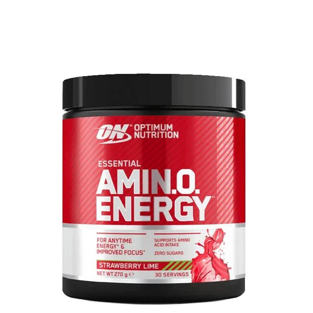 Optimum Nutrition Amino Energy 270 g -aminohappojauhe mustassa purkissa punaisella etiketillä, makuna Strawberry Lime., kuva 4/5