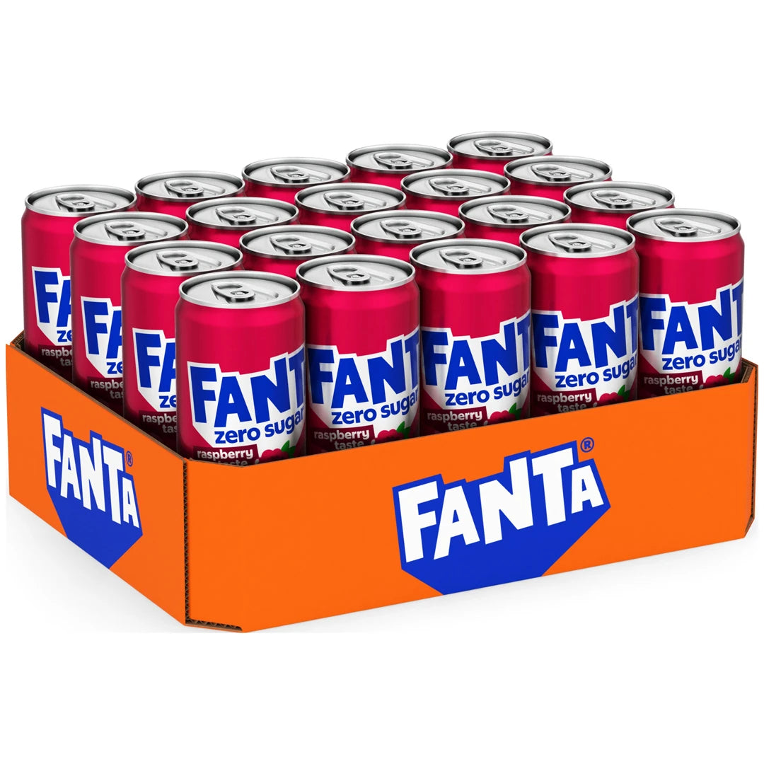 20 x Fanta Raspberry Zero 330 ml sokeriton virvoitusjuoma vaaleanpunaisissa tölkeissä oranssilla lavalla Coca Colalta., kuva 1/1