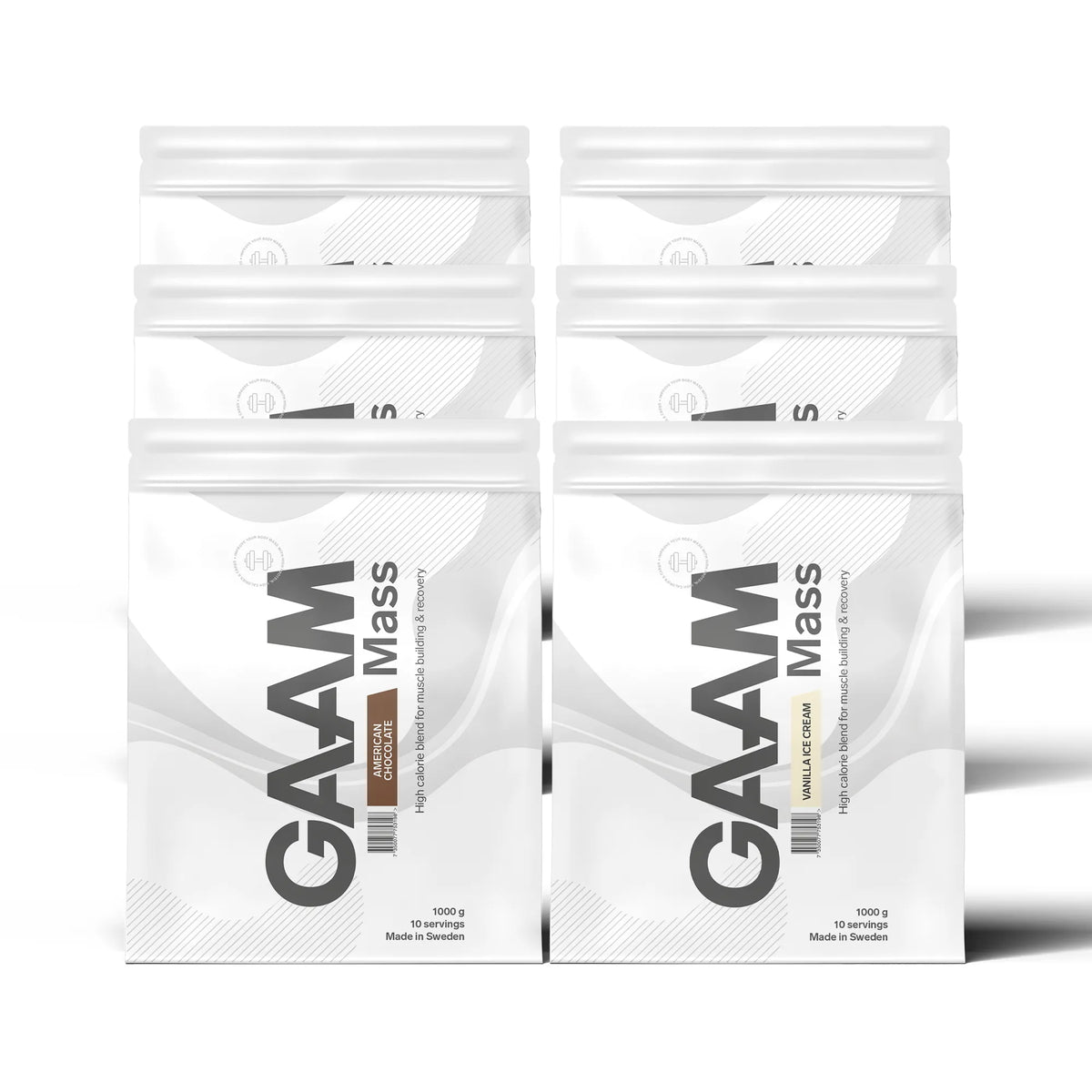 6 x GAAM 100% MASS Premium 1 kg -gaineri kuudessa valkoisessa pussissa harmailla yksityiskohdilla eri mauissa., kuva 1/1
