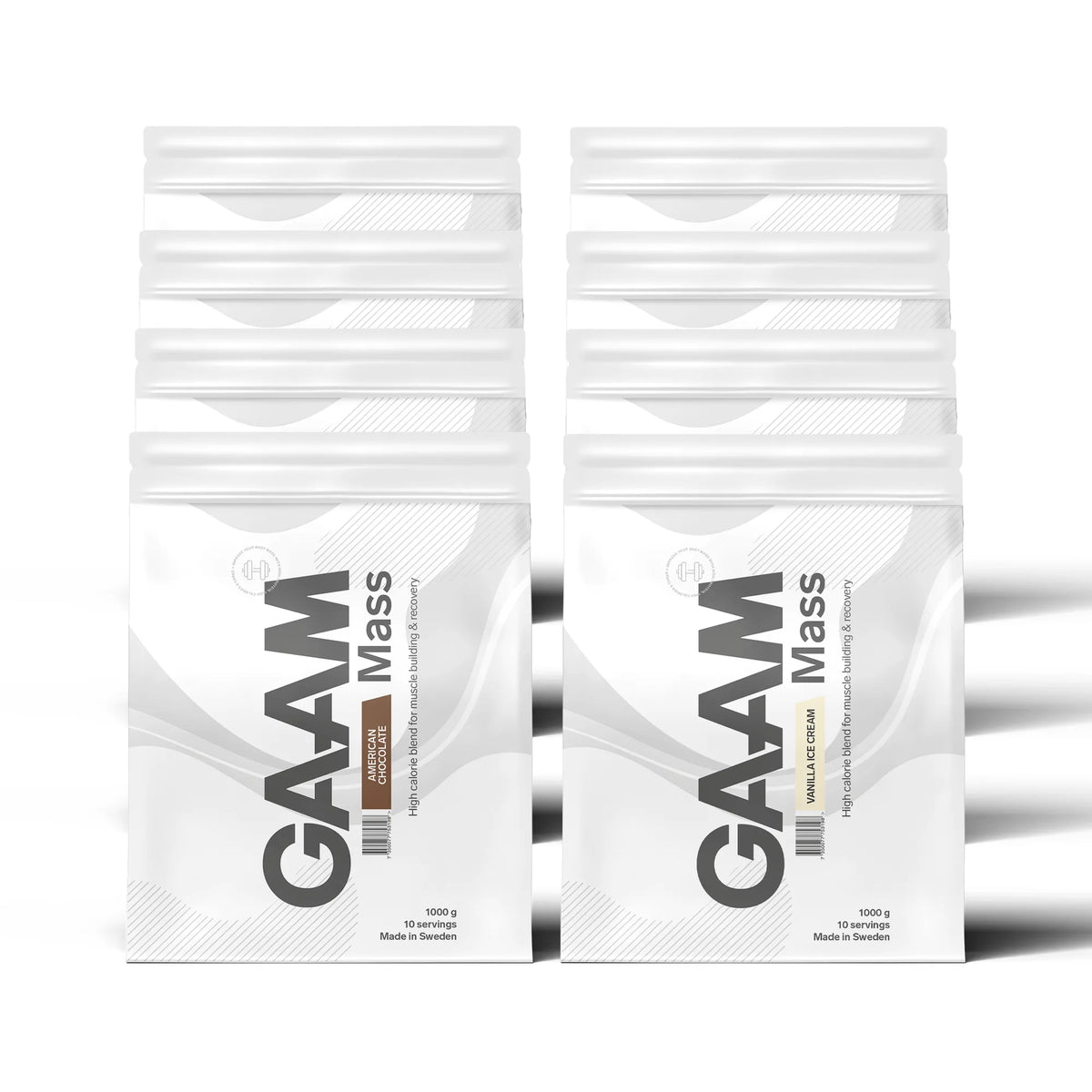 Kahdeksan valkoista pussia, joissa 8 x GAAM 100% MASS Premium 1 kg gainer -jauhetta mauissa American Chocolate ja Vanilla Ice Cream., kuva 1/1