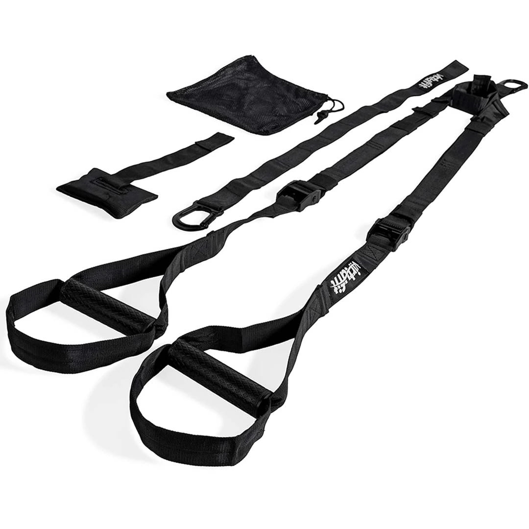 Mustat Virtufit Suspension Trainer Pro -harjoitushihnat kahvoilla ja mukana tuleva verkkokassi., kuva 1/1