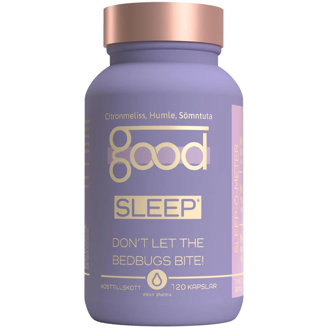 Elexir Pharma Good Sleep 120 caps -uniravintolisä violetissa purkissa kuparinvärisellä kannella., kuva 1/1