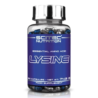 Scitec Nutrition Lysine 90 caps läpinäkyvässä purkissa, jossa on sininen etiketti, hopeakansi ja sinihopeiset kapselit., kuva 1/1