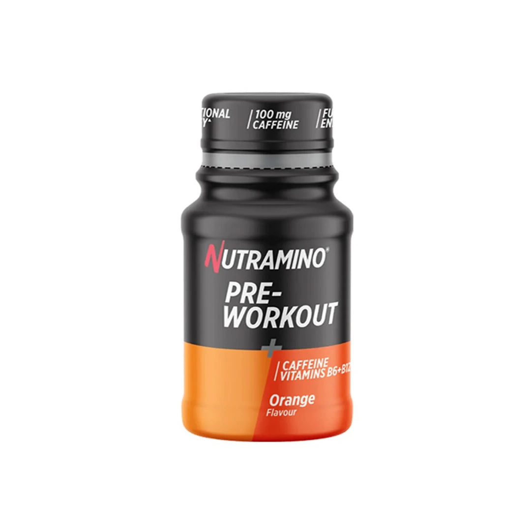 Nutramino Pre-Workout Shot 60 ml i en svart och orange flaska för smaken Orange., bild 1 av 1