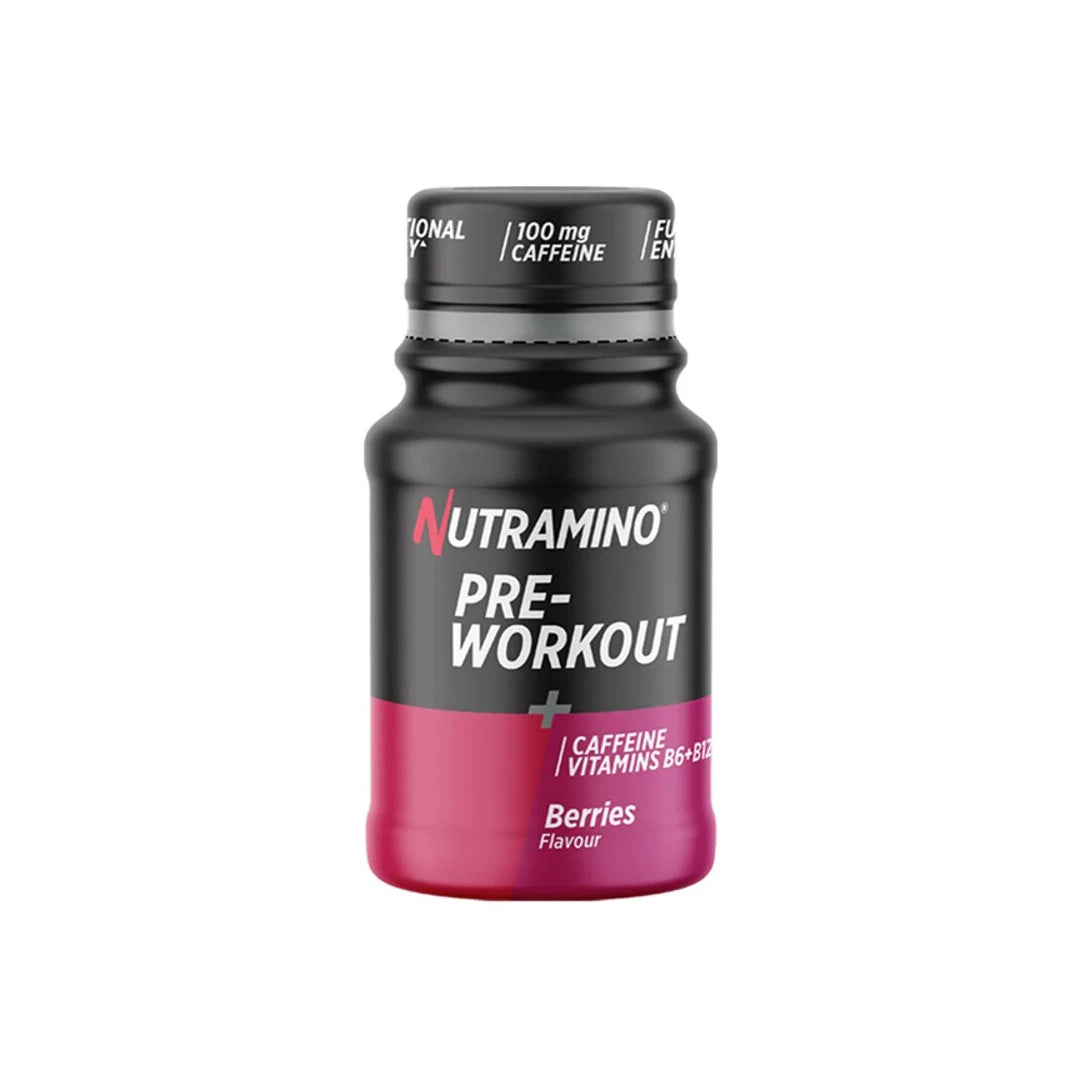 Nutramino +Pro Pre-Workout Shot pienessä mustassa ja pinkissä pullossa, makuna Berries.