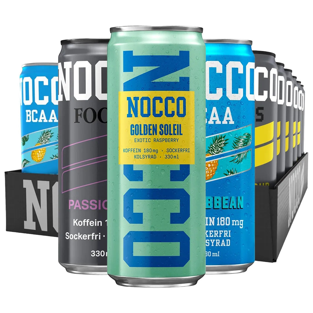 24 x NOCCO BCAA / BCAA+ / FOCUS 330 ml / NOCCO FLAK -sekoituslava värikkäitä alumiinitölkkejä mustassa pahvialustassa., kuva 1/1