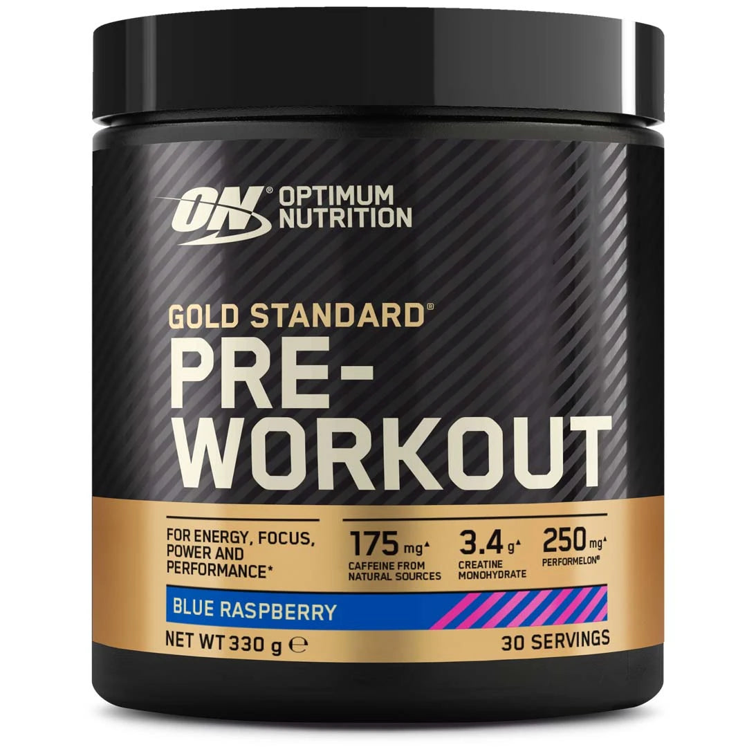 Musta purkki Optimum Nutrition Gold Standard Pre-workout 330 g -tehonlisääjää maussa Blue Raspberry., kuva 1/1