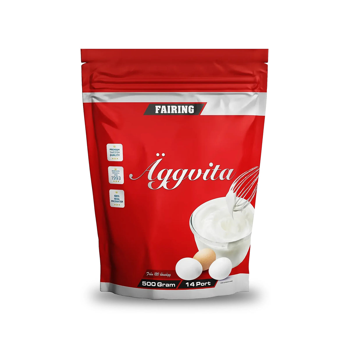 Fairing Äggvita 500 g -proteiininjauhe valkoisessa purkissa, jonka punaisessa etiketissä on vatkattua munanvalkuaista ja kananmunia.