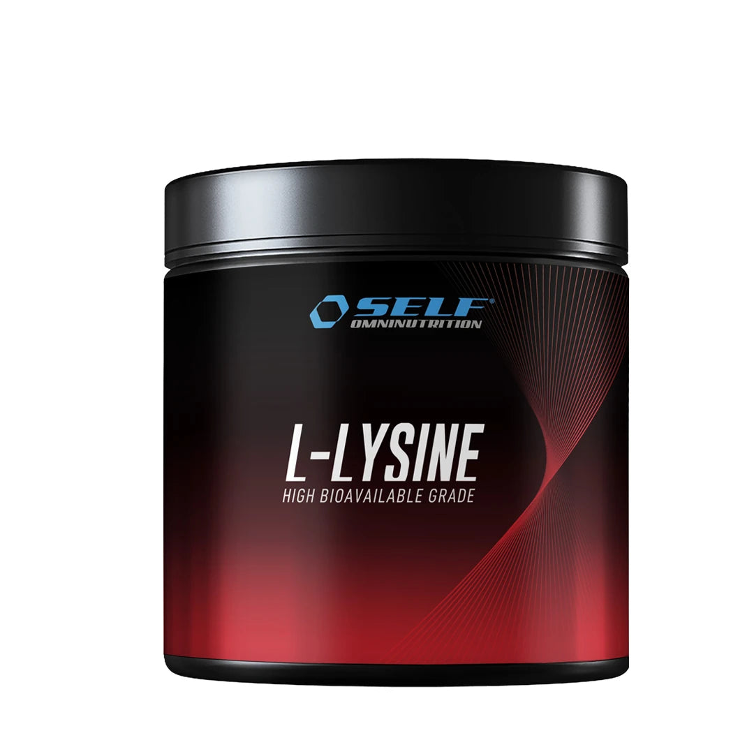 Self Omninutrition Lysine 200 g aminosyra i pulverform, förpackad i en stilren svart burk med röda detaljer.