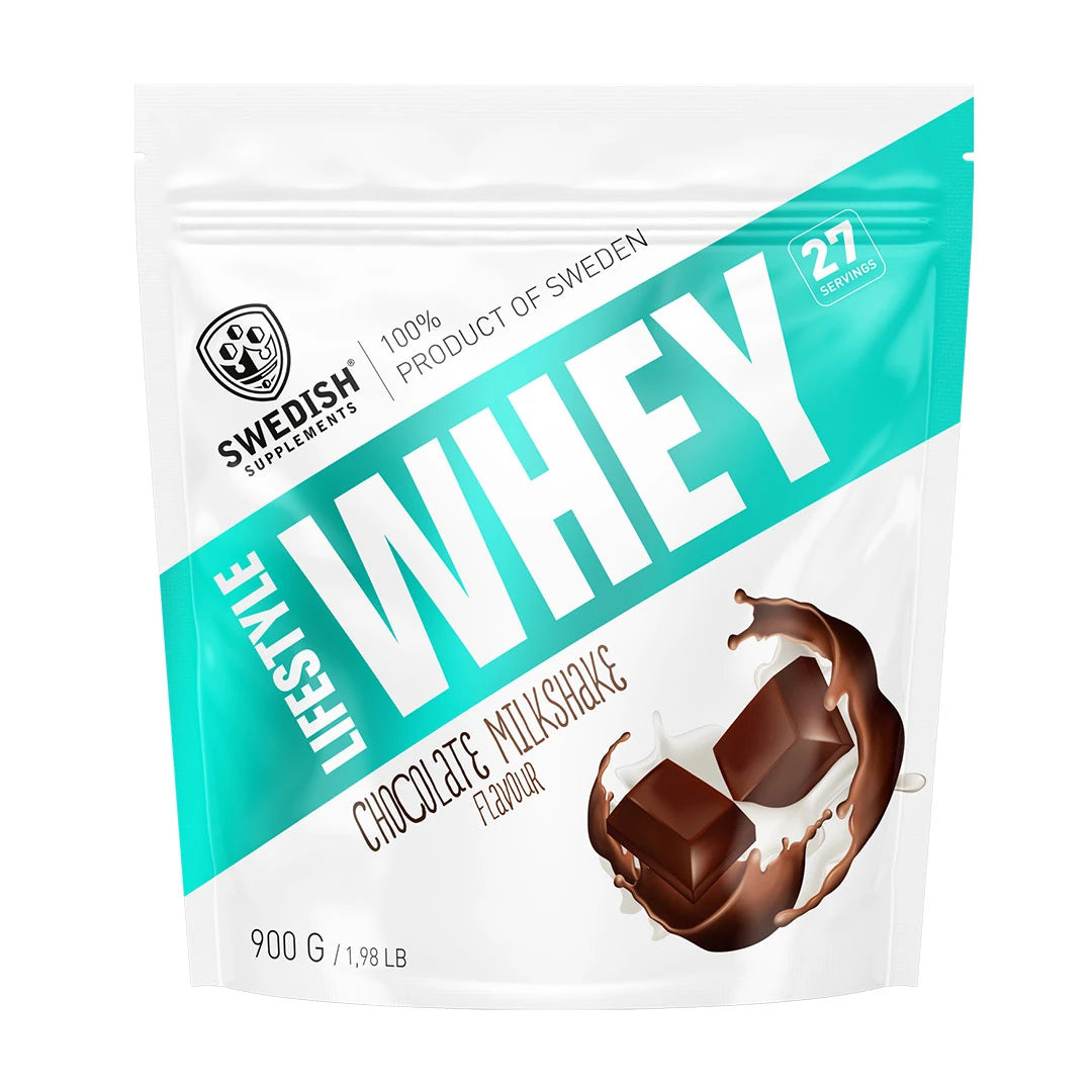 Swedish Supplements Lifestyle Whey 900 g -proteiinijauhe valkoisessa pussissa turkooseilla yksityiskohdilla ja suklaakuvituksella Chocolate Milkshake -maulle., kuva 2/7