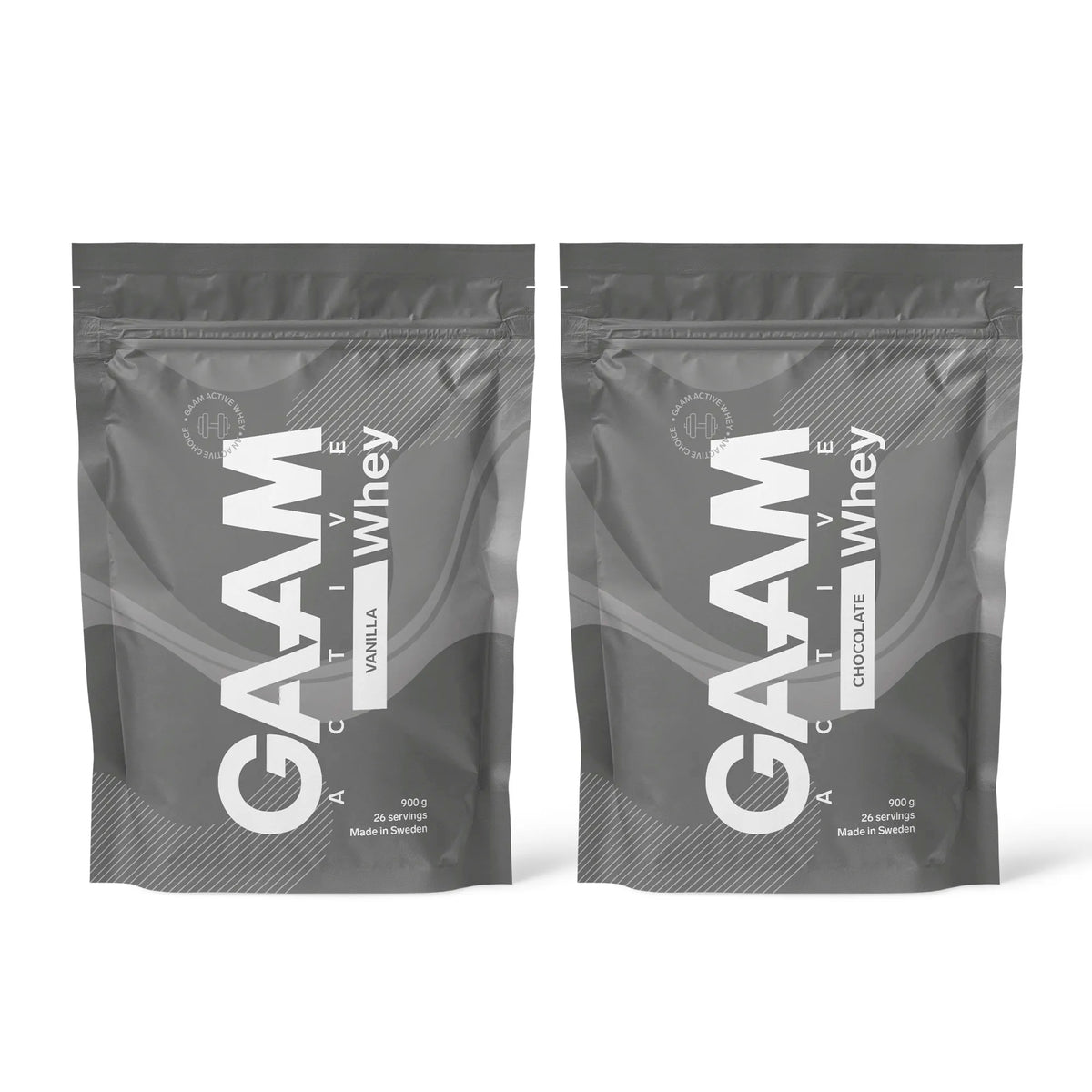 2 x GAAM Active Whey -proteiinijauhe 900 g kahdessa harmaassa pussissa valkoisella tekstillä, makuina Vanilla ja Chocolate., kuva 1/1