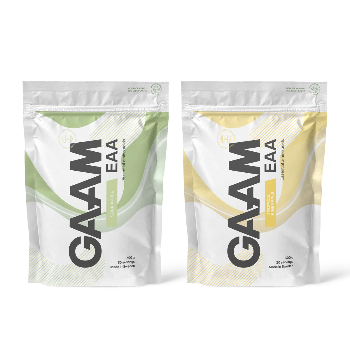 2 x GAAM EAA 300 g kahdessa valkoisessa pussissa, joissa on vihreitä ja keltaisia yksityiskohtia, makuina Sour Apple ja Tropical Pineapple., kuva 1/1