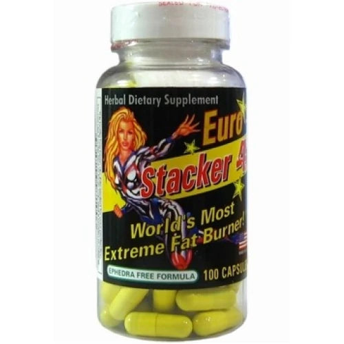 Stacker2 Stacker 4 100 caps -rasvanpolttaja läpinäkyvässä muovipurkissa, jossa on musta etiketti ja näkyviä keltaisia kapseleita., kuva 1/1