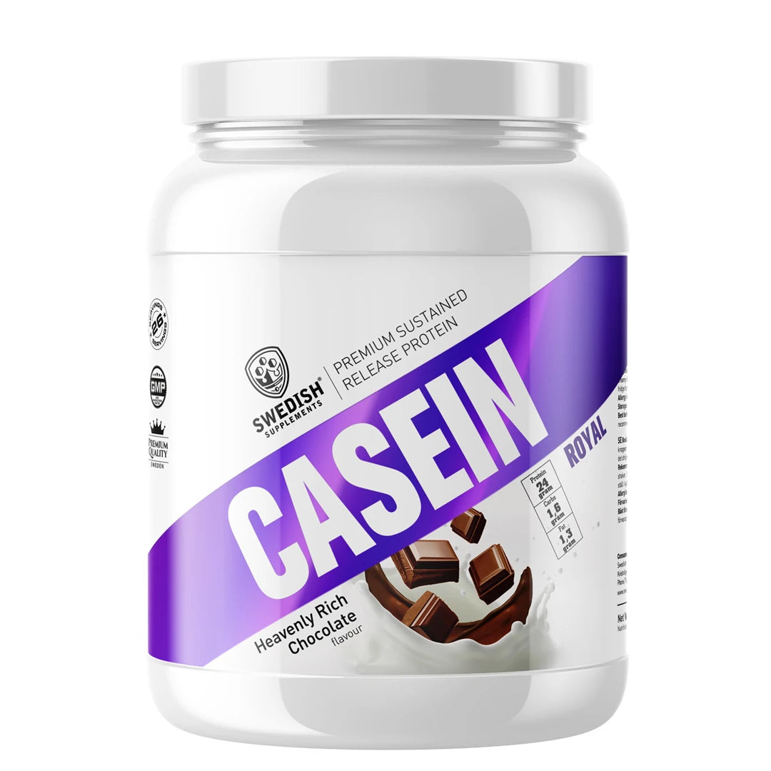 Swedish Supplements Slow Casein 900 g -kaseiiniproteiini valkoisessa purkissa liiloilla yksityiskohdilla, makuna Heavenly Rich Chocolate., kuva 1/3