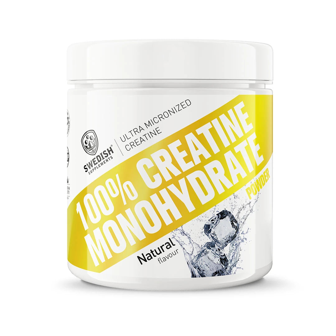 Swedish Supplements Creatine Monohydrate 250 g valkoisessa purkissa keltaisilla yksityiskohdilla, makuna Naturell., kuva 1/1