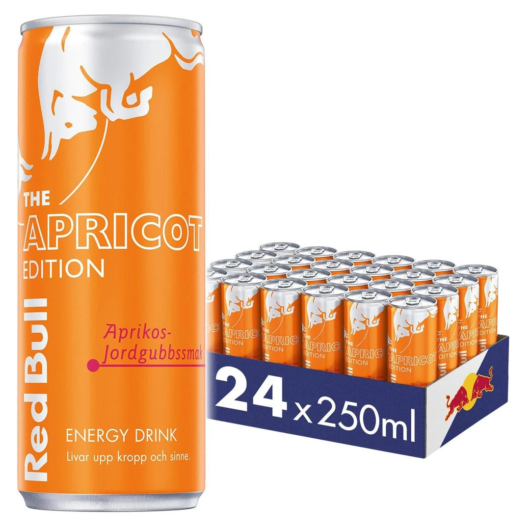 24 x Red Bull energiajuoma 250 ml Apricot Edition aprikoosi-mansikka tummansinisessä laatikossa oransseilla tölkeillä., kuva 1/1
