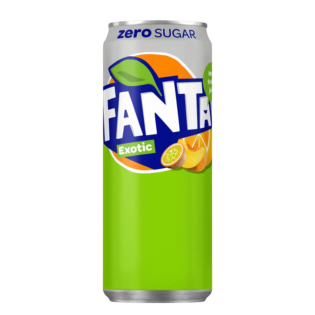 Fanta Zero 330 ml sokeriton virvoitusjuoma vaaleanvihreässä tölkissä, makuna Exotic., kuva 2/4