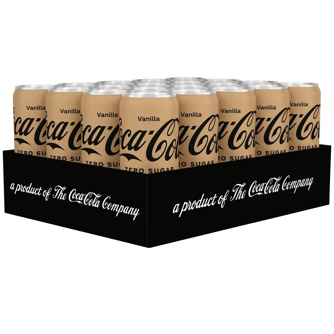 20 x Coca-Cola Zero Vanilla 330 ml mustassa lavassa, jossa on beigenvärisiä sokerittoman virvoitusjuoman tölkkejä.