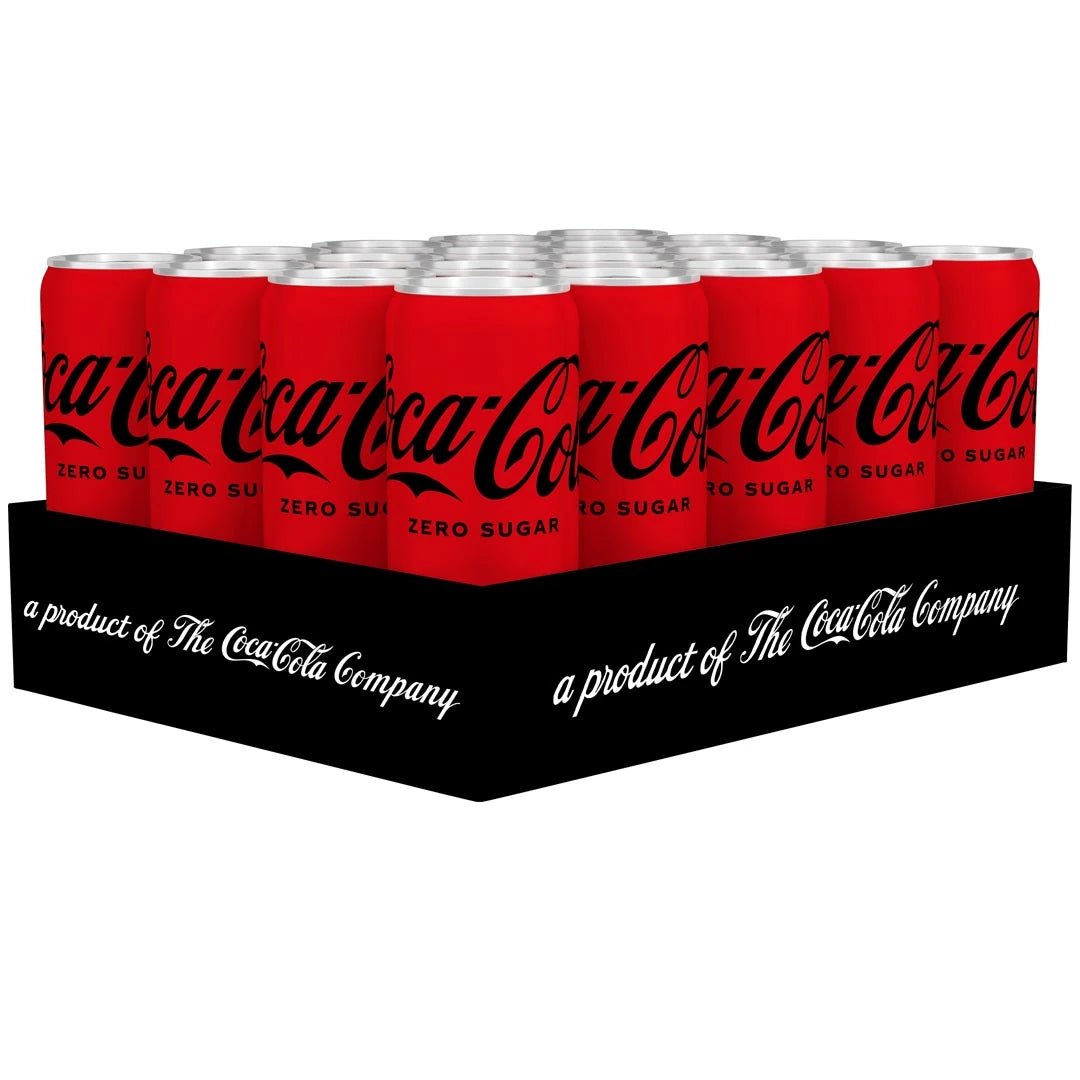 20 x Coca-Cola Zero 330 ml sokeriton virvoitusjuoma punaisissa tölkeissä mustilla yksityiskohdilla, pakattuna mustaan lavaan., kuva 1/1