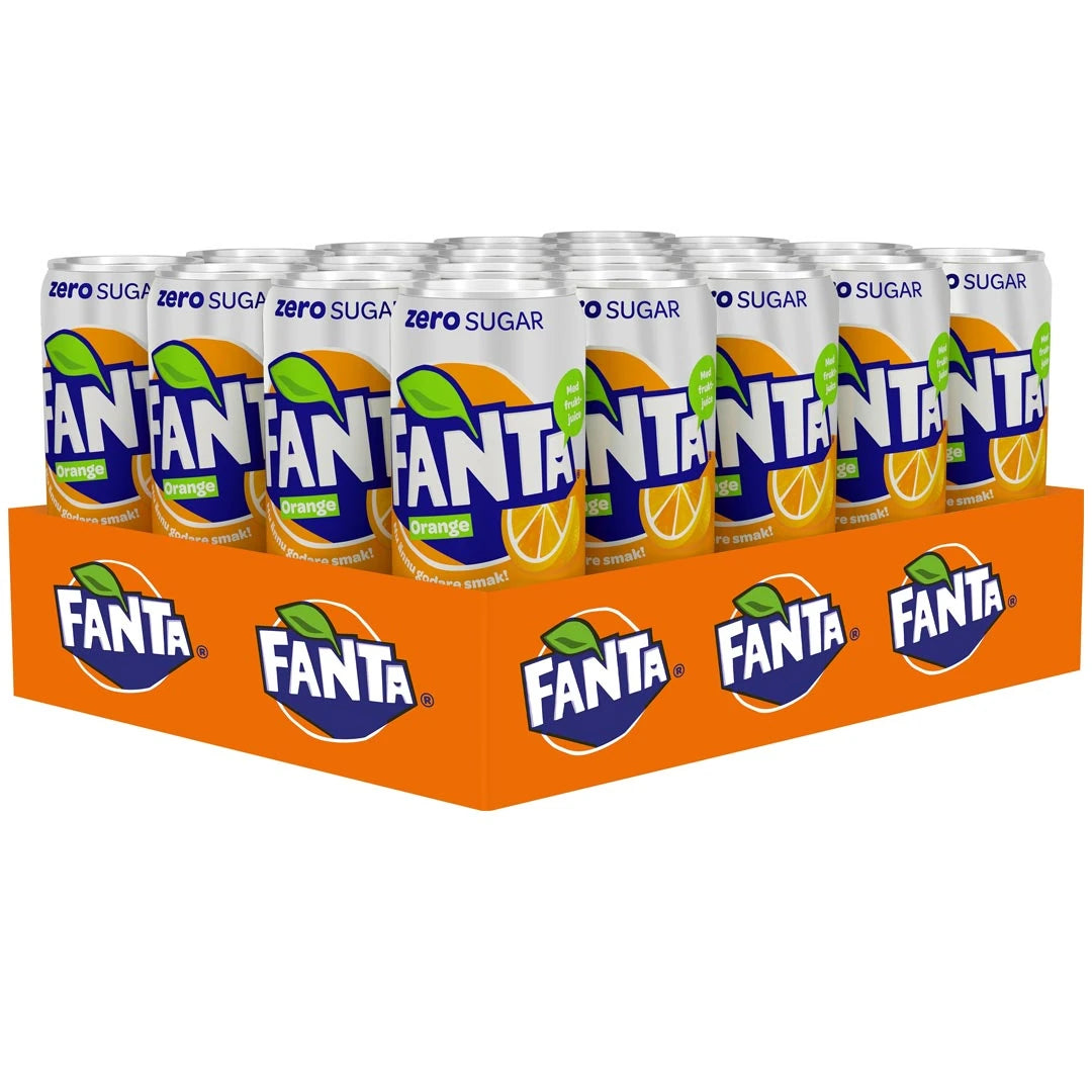 20 x Fanta Orange Zero 330 ml i ett orange flak med sockerfri läsk i vita aluminiumburkar., bild 1 av 1