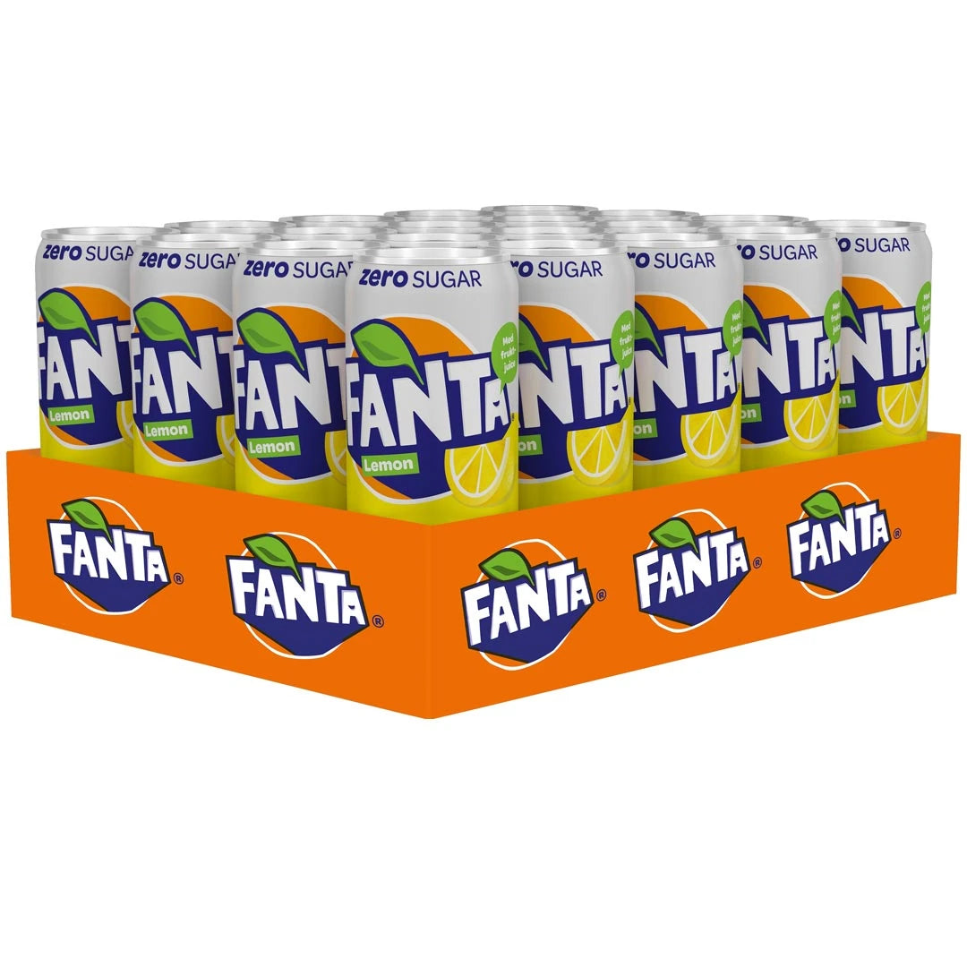 20 x Fanta Lemon Zero 330 ml oranssissa lavassa valkoisilla ja keltaisilla tölkeillä, joissa on sokeriton sitruunanmaku.