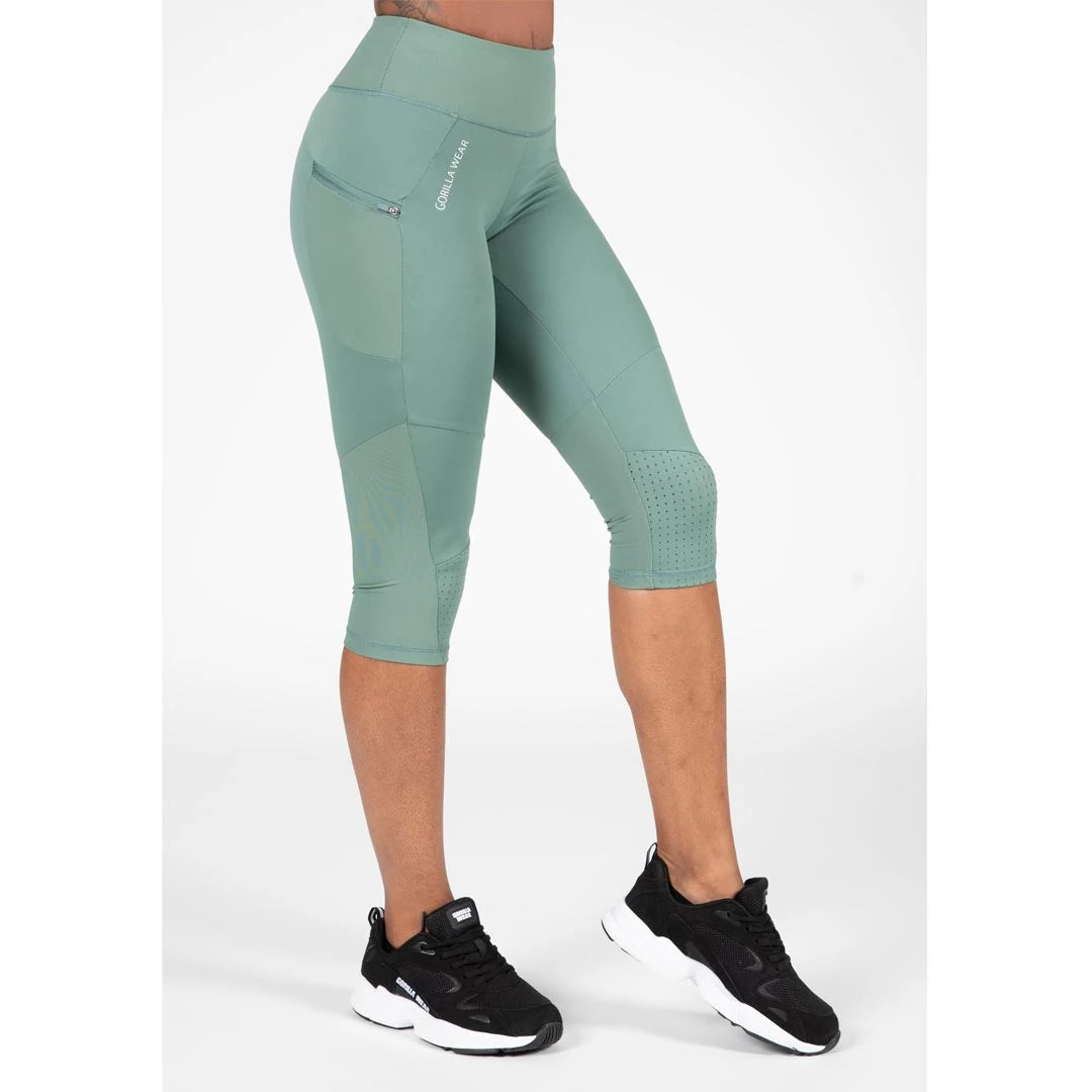 Gorilla Wear Monroe Cropped Leggings Army Green, gröna croppade träningstights med sidoficka och ventilerande mesh.