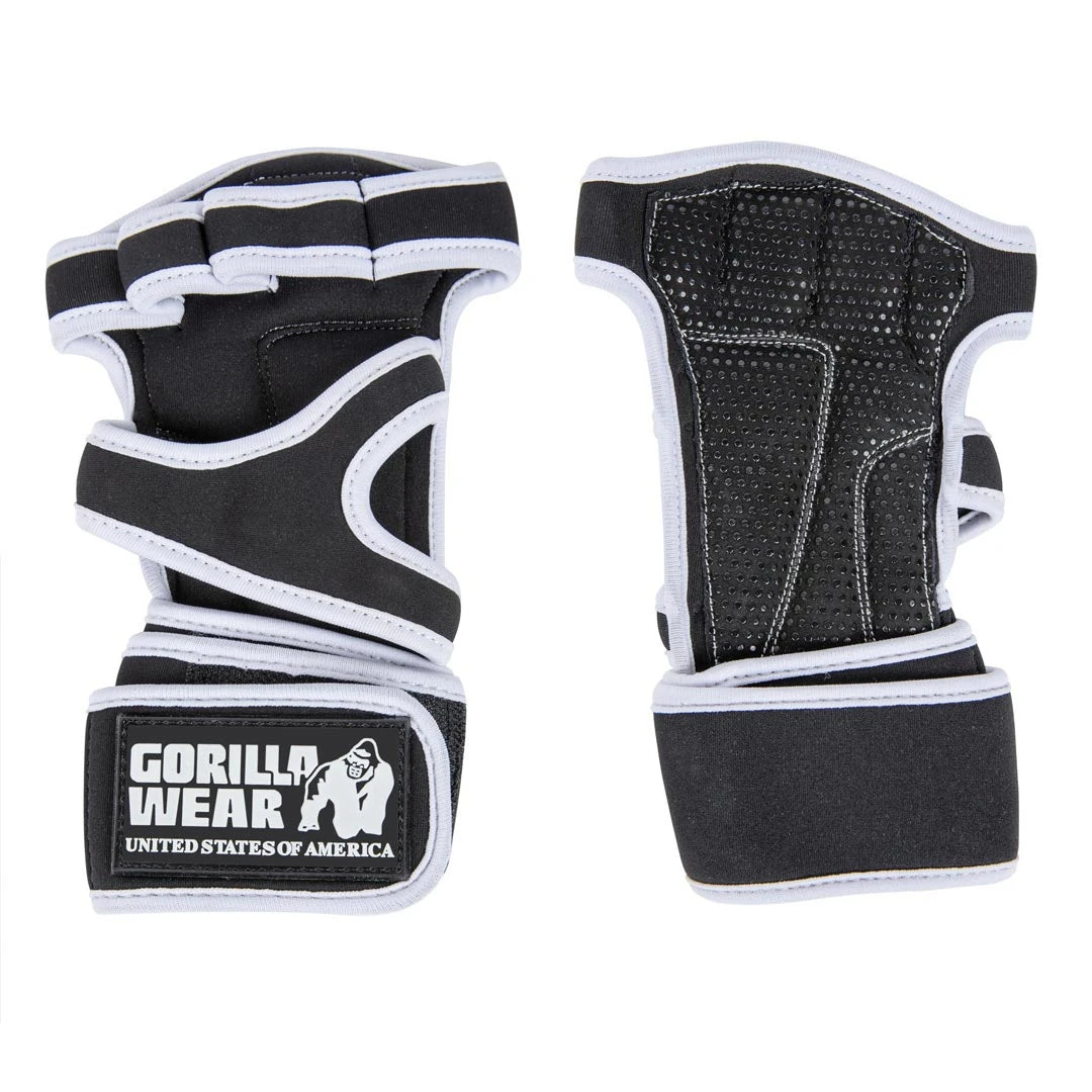 Mustat Gorilla Wear Yuma Weightlifting Workout Gloves Black/White -treenihanskat valkoisilla reunuksilla ja rannetuella.