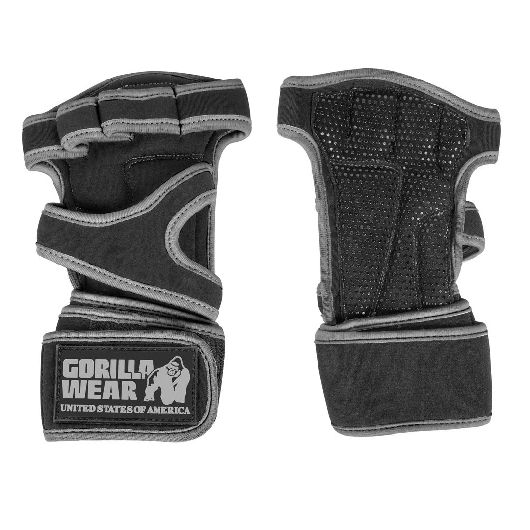 Gorilla Wear Yuma Weightlifting Workout Gloves Black/Grey, ilmavat musta-harmaat treenihanskat rannetuella.