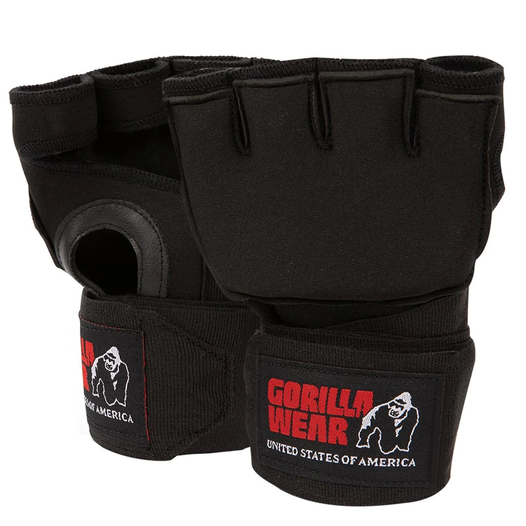 Gorilla Wear Gel Glove Wraps Black, mustat sisähanskat nyrkkeilyyn, joissa on avoin muotoilu ja integroitu rannetuki.