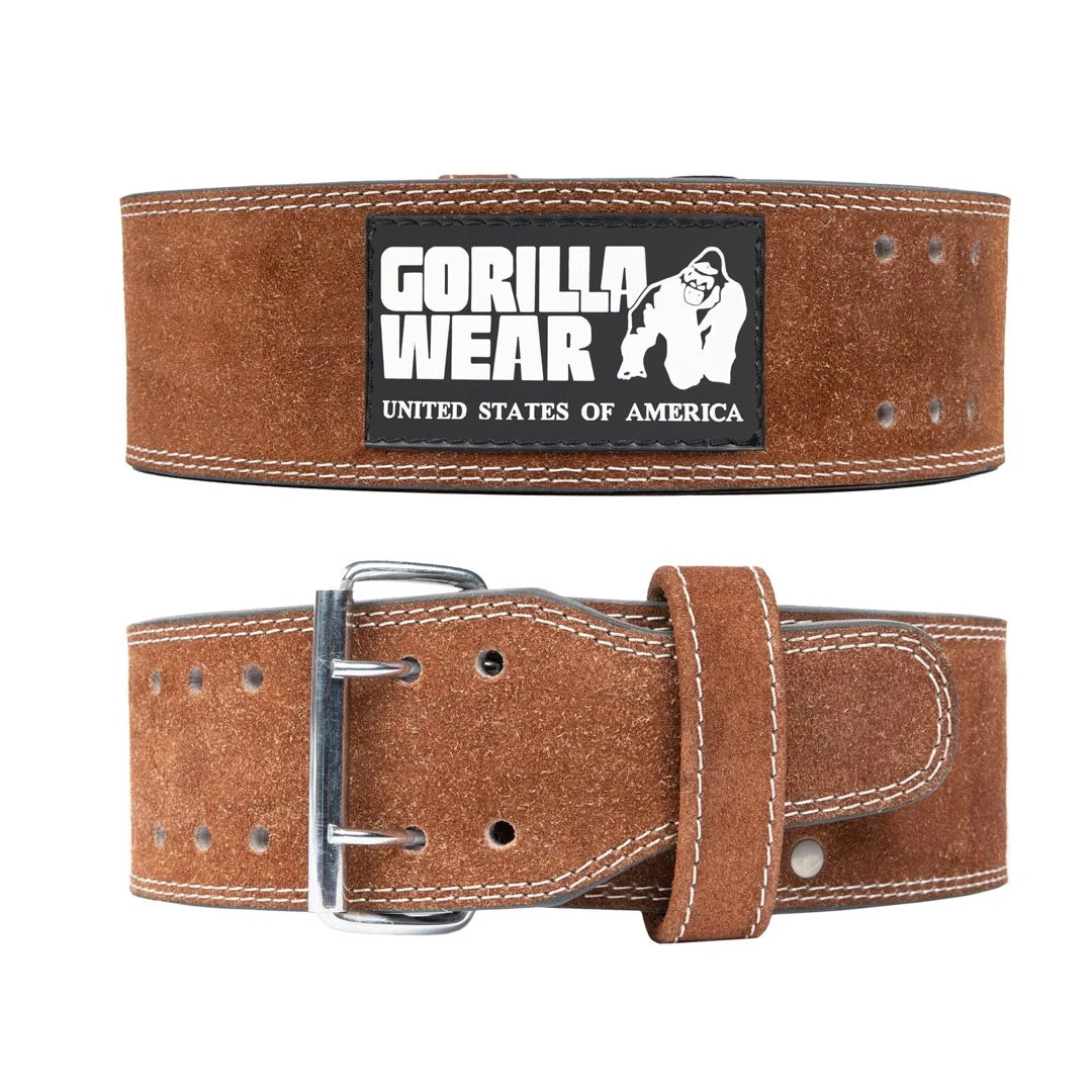 Gorilla Wear 4 Inch Powerlifting Belt Brown, ett robust brunt styrkelyftbälte i läder med dubbelt stålspänne och logga., bild 2 av 4