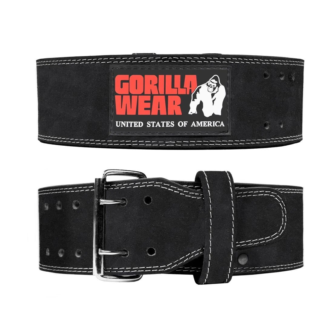 Gorilla Wear 4 Inch Powerlifting Belt Black mustaa nahkaa, valkoiset tikkaukset, punainen logo ja tuplaterässolki.