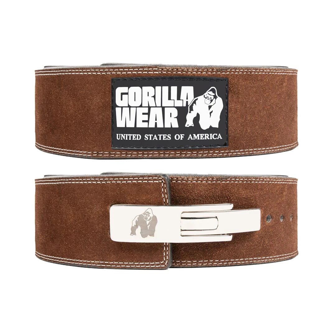 Ruskea nahkainen Gorilla Wear 4 Inch Powerlifting Lever Belt Brown valkoisilla tikkauksilla ja hopeisella vipusoljella., kuva 1/1
