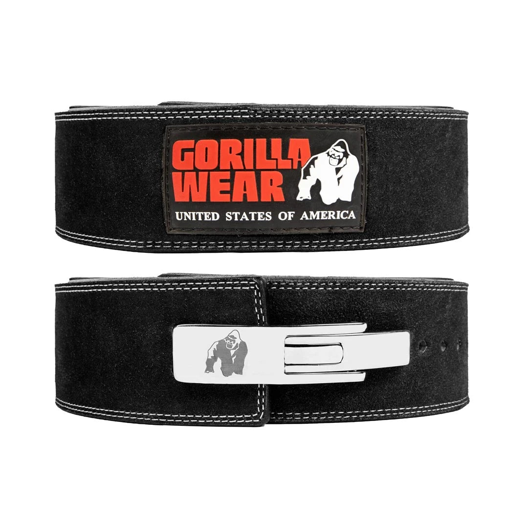 Gorilla Wear 4 Inch Powerlifting Lever Belt Black i svart läder med vita sömmar och silverfärgat snabbspänne., bild 4 av 4
