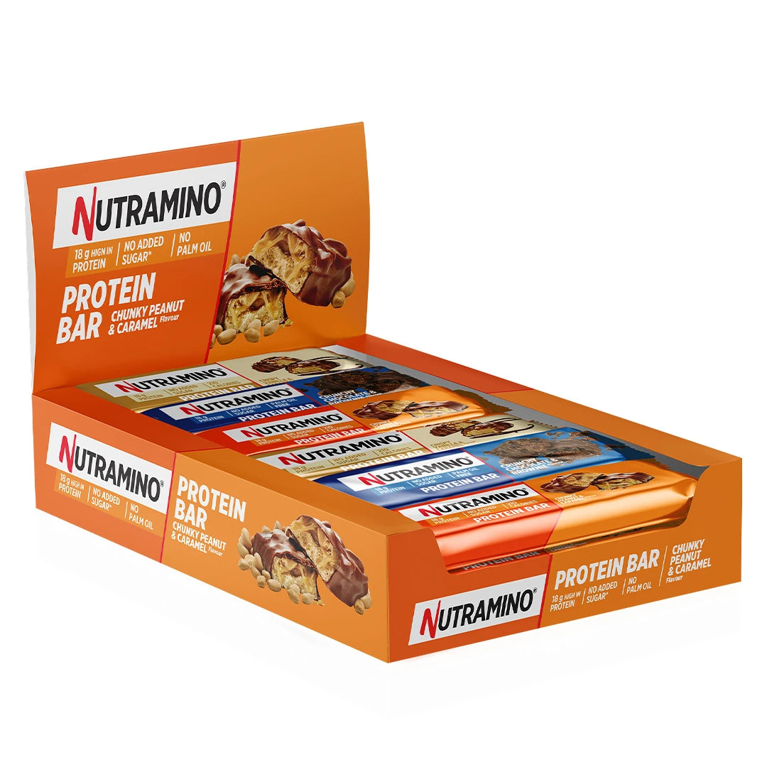 12 x Nutramino Protein Bar 55 g Mix-laatikko oranssissa laatikossa, täynnä erimakuisia proteiinipatukoita., kuva 1/1
