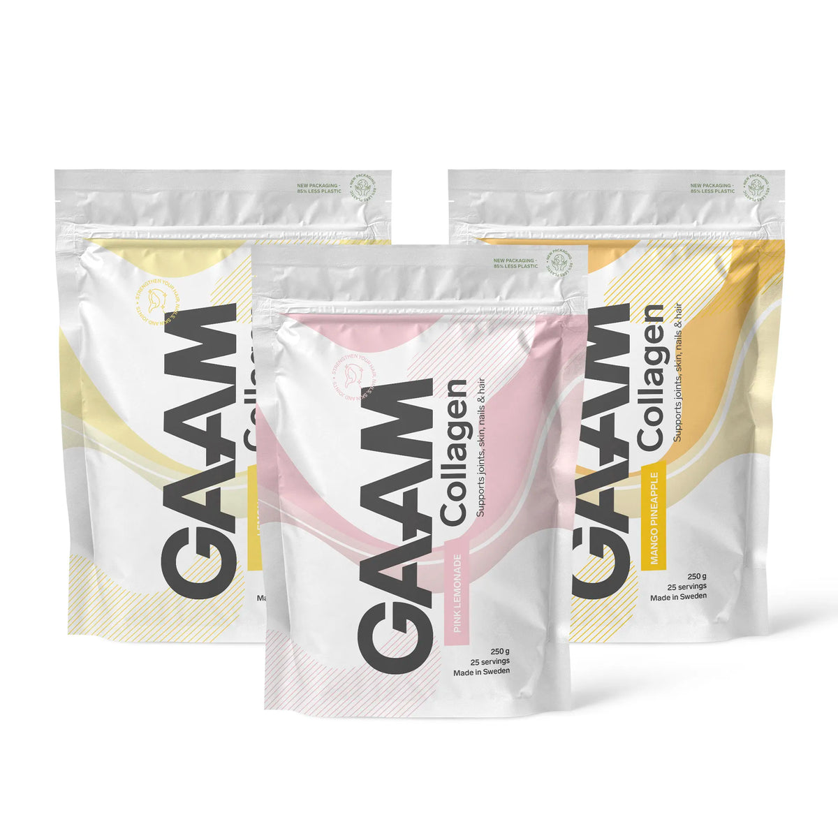 3 x GAAM Collagen 250 g kollagenpulver i tre vita påsar med rosa och gula detaljer för smakerna Pink Lemonade och Mango Pineapple., bild 1 av 1