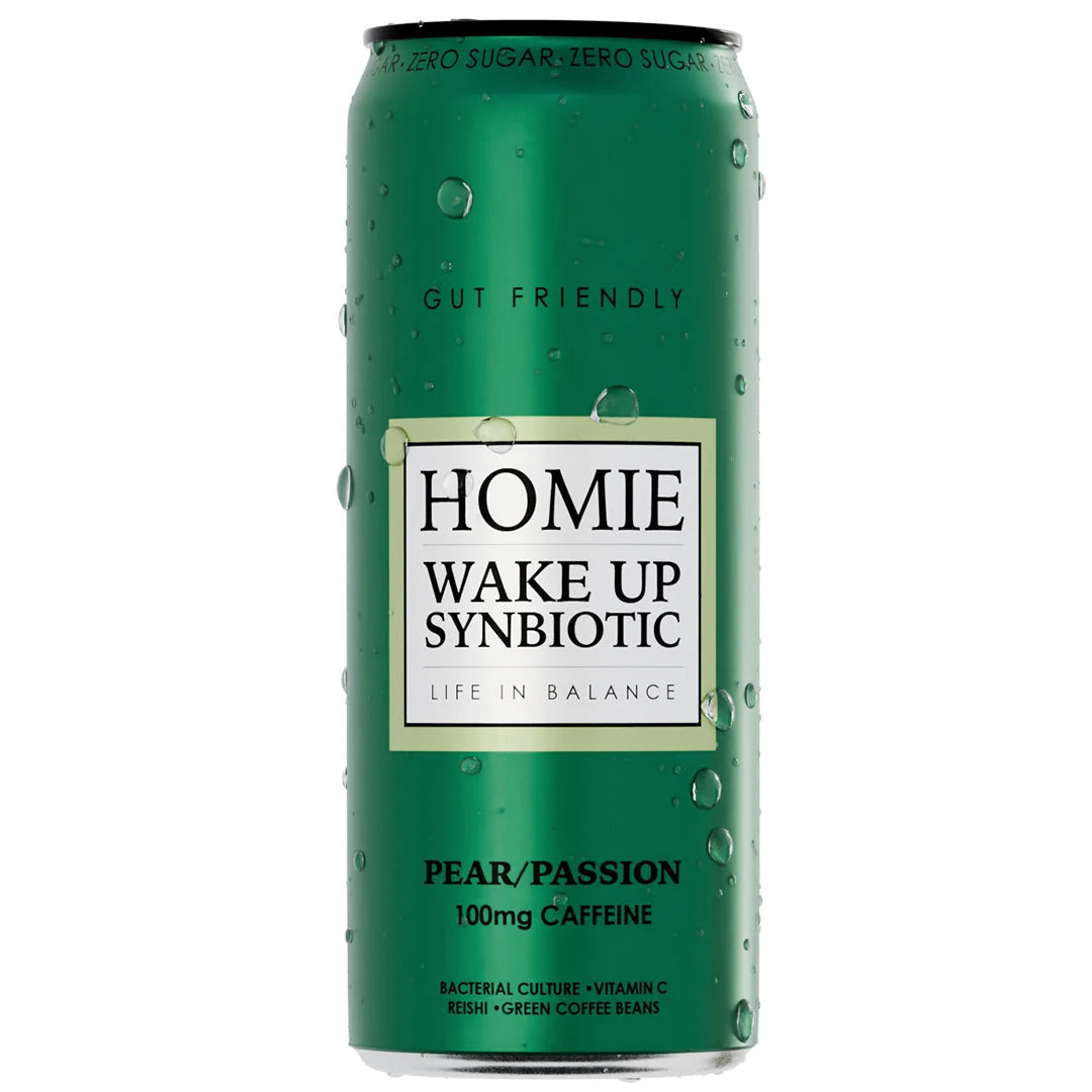Homie Wake Up Synbiotic 330 ml -energiajuoma vihreässä tölkissä, makuna Pear Passion.