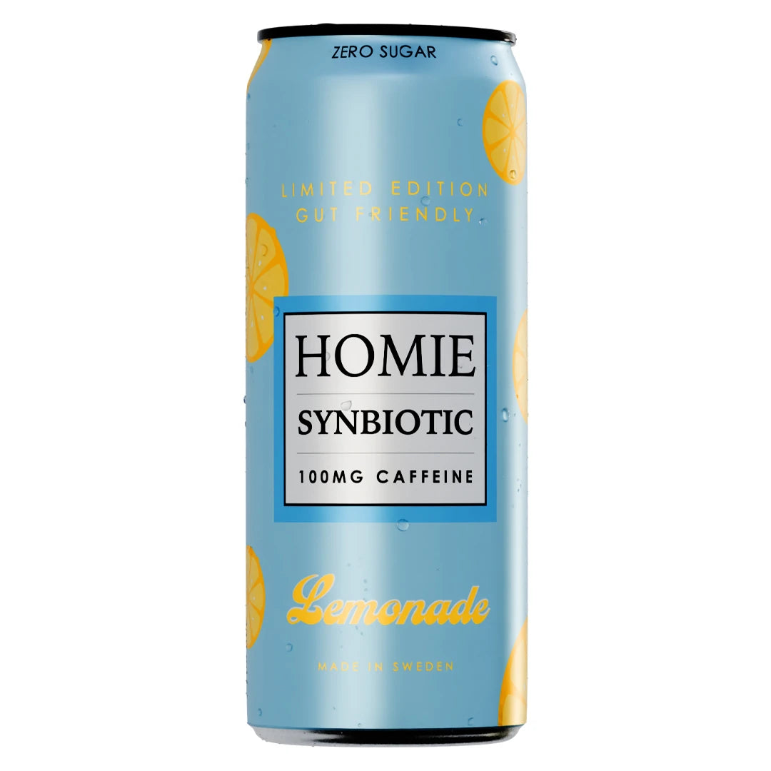 Homie Wake Up Synbiotic 330 ml vaaleansinisessä tölkissä keltaisilla sitruunaviipaleilla, makuna Lemonade., kuva 2/10