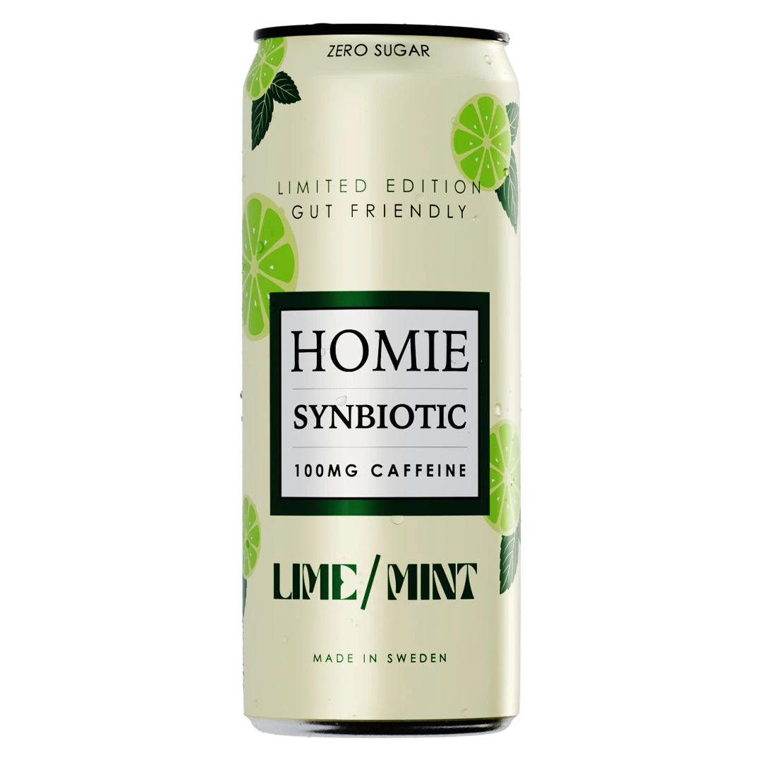 Homie Wake Up Synbiotic 330 ml vaaleanvihreässä tölkissä limen- ja mintunlehtikuvioilla, makuna Lime Mint., kuva 4/10