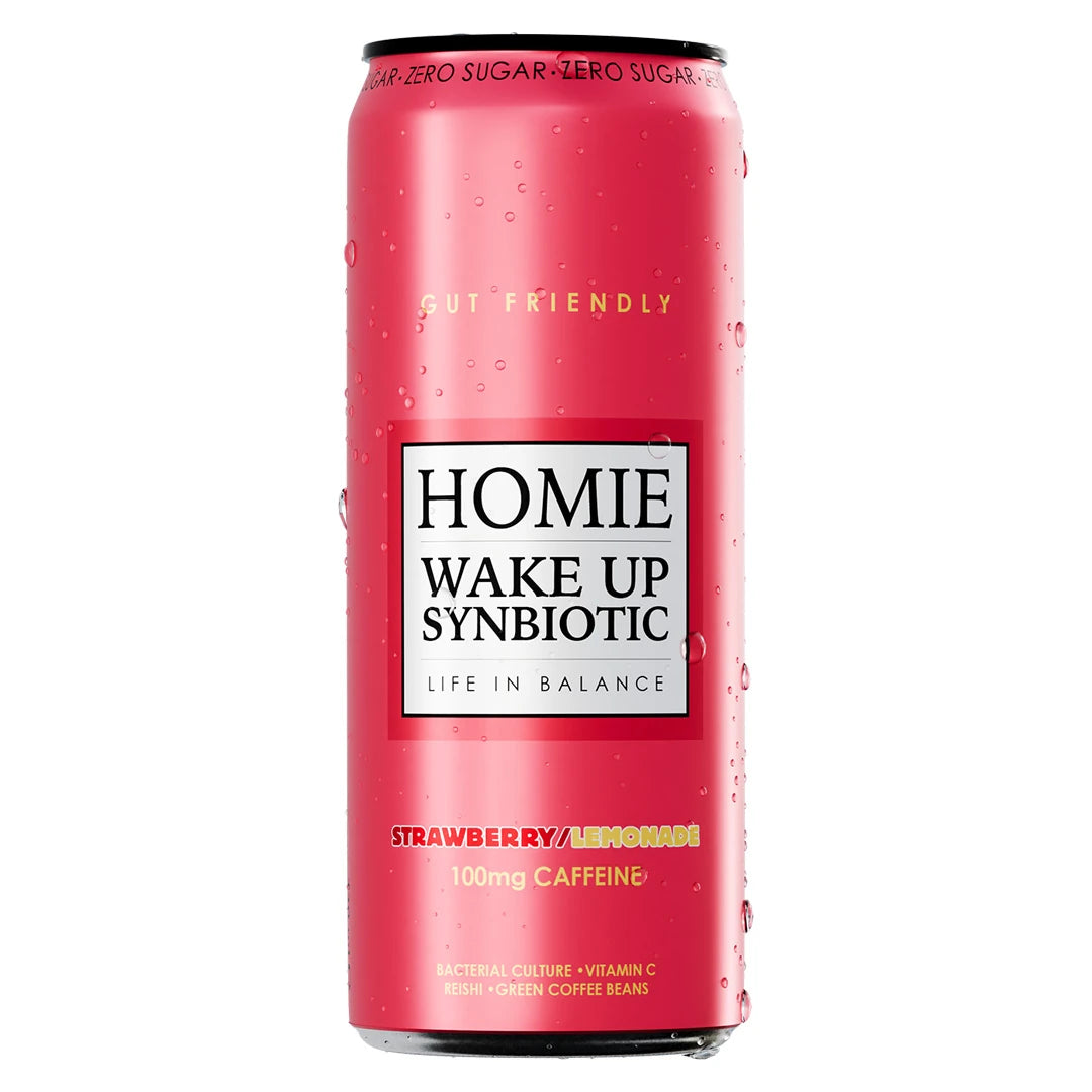 Homie Wake Up Synbiotic 330 ml -energiajuoma vaaleanpunaisessa tölkissä vesipisaroilla, makuna Strawberry Lemonade., kuva 9/10