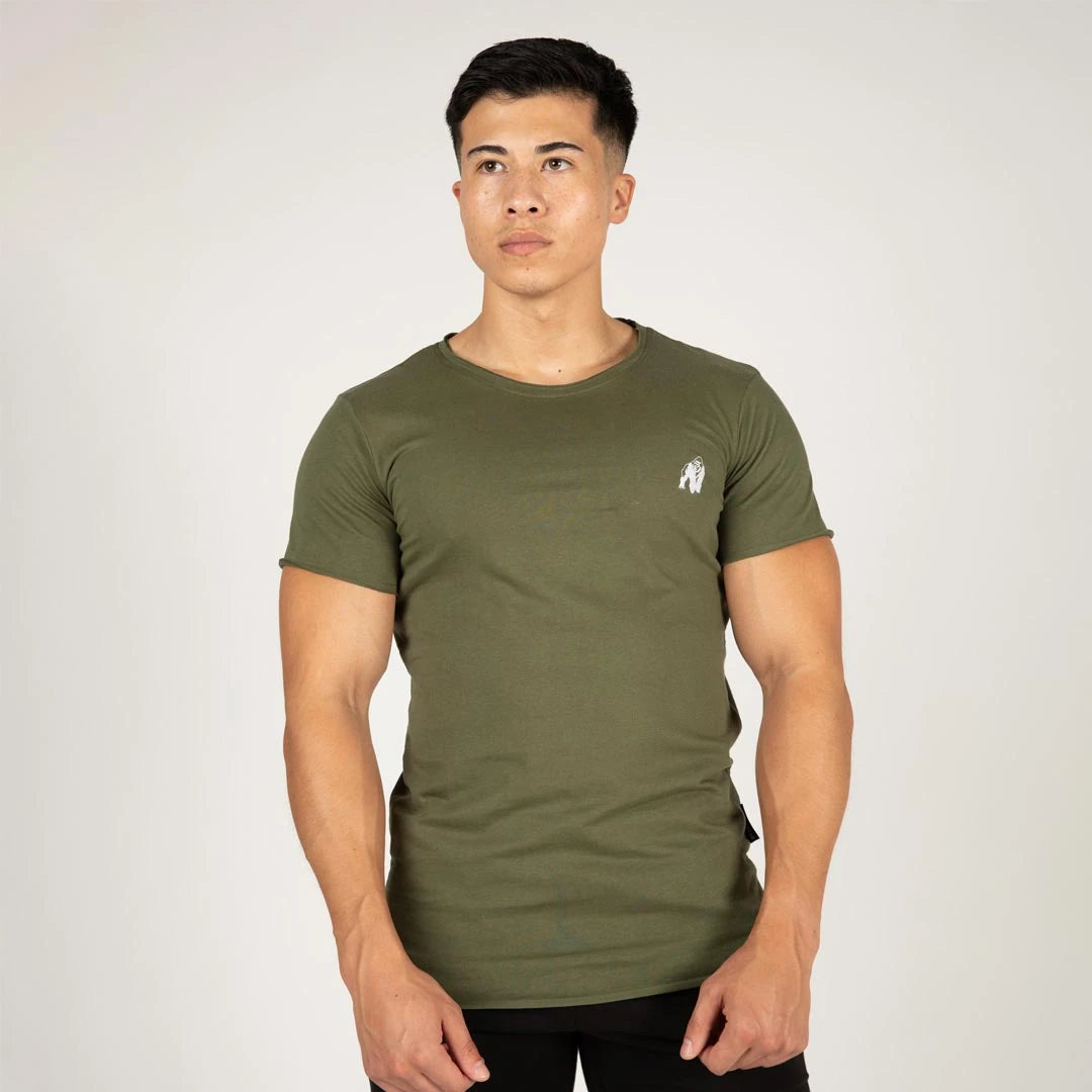Gorilla Wear York T-Shirt Green miehen yllä, vihreä slim fit -puuvillapaita raakareunoilla., kuva 4/8