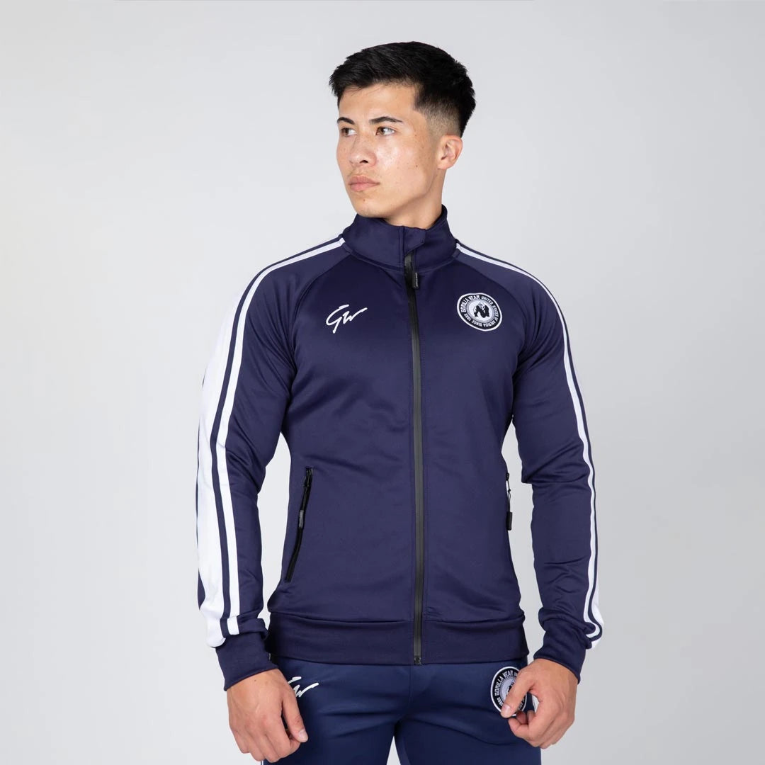 Gorilla Wear Stratford Track Jacket Navy, laivastonsininen slim fit -treenitakki valkoisilla raidoilla., kuva 2/8